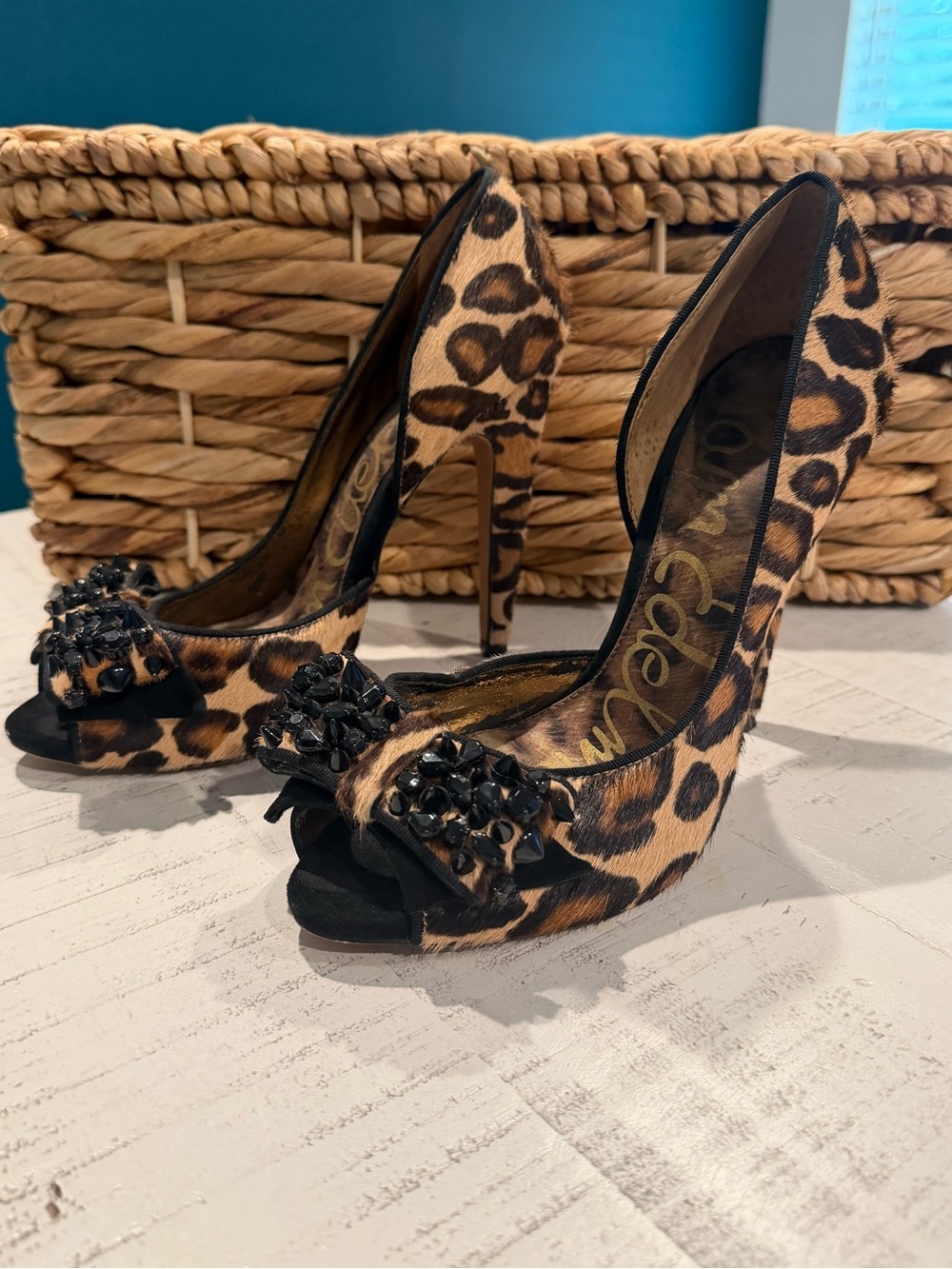 Sam Edelman Leopard Print Embellished Peep Toe Platform Heels